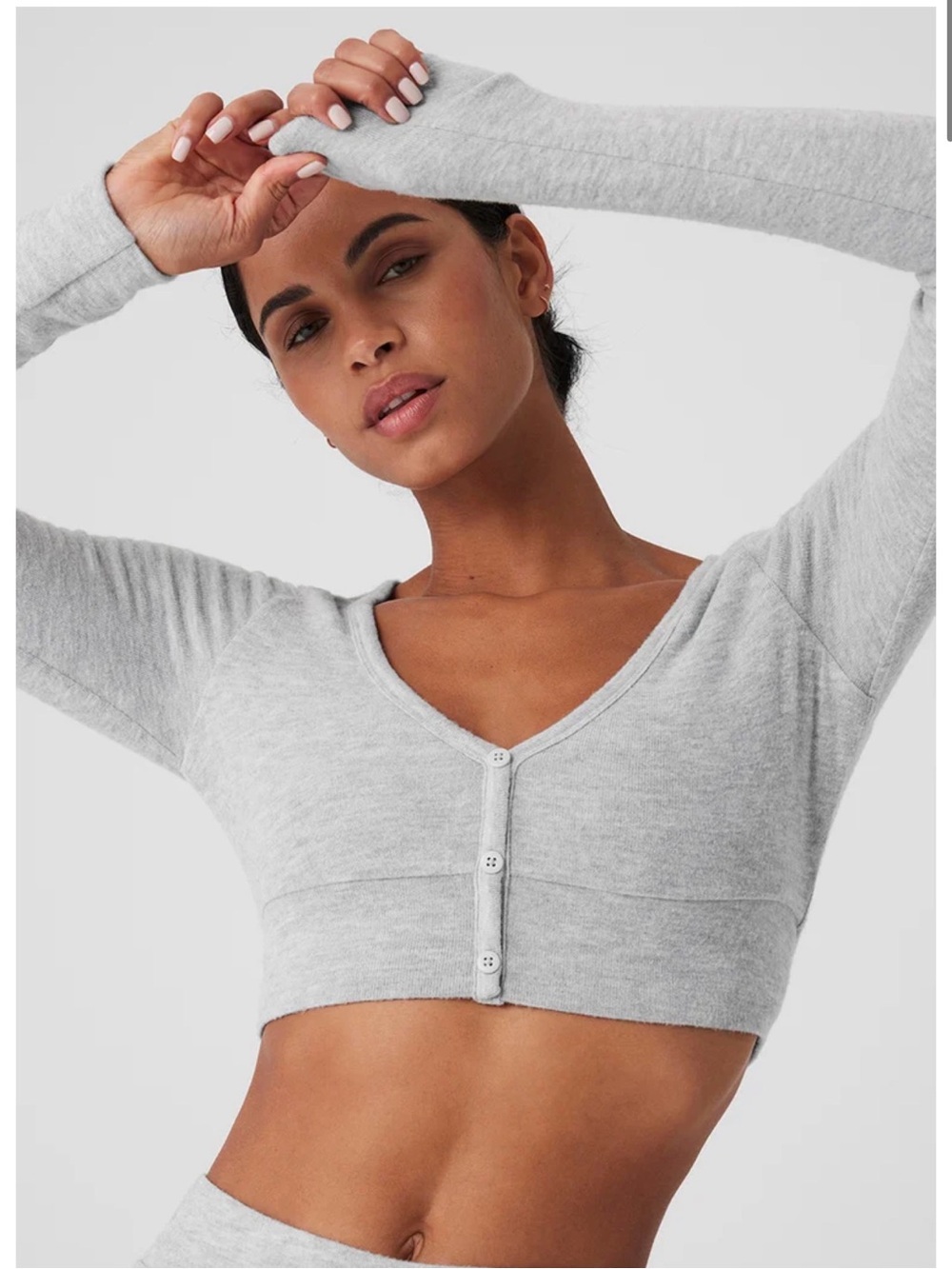 EUC Alo Yoga Alolux Cropped Me Time Cardigan Heathered Gray size S Sweater